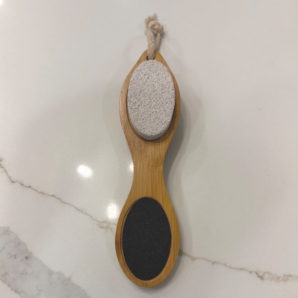 TWINE Bamboo 4-in-1 Foot Care Tool Pumice Stone Brush Metal Rasp Sandpaper File